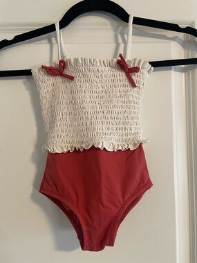 Zara Kids Smocked One-Piece Swimsuit - Terracotta/White - Size 2Y